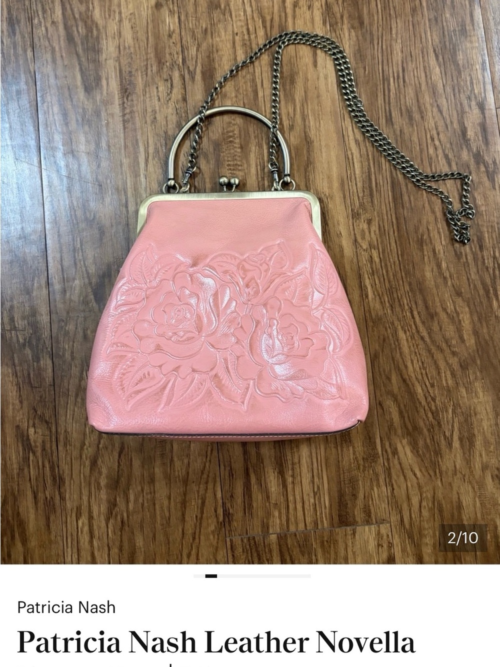 Patricia Nash Coral Pink Embossed Leather Frame Clutch with Chain